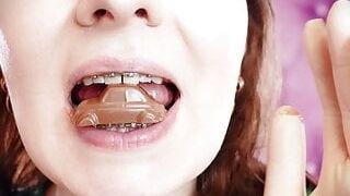 "ASMR and close-ups: Giantess Vore Fetish - tonguing vans from chocolate. Braces. (Arya Grander)"