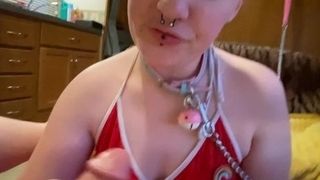 'Obedient F2M hook-up victim kitten's clean-shaved Head Pierced Tongue suck p2'
