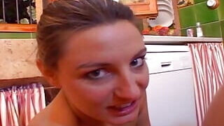 ?2 insane cocksluts from France pleasuring a rock-hard spunk-pump in the kitchen
