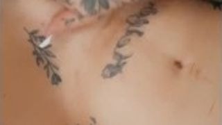 Luxurious cougar with meaty culo and tats senses herself up and fumbles her tiny twat until she creams