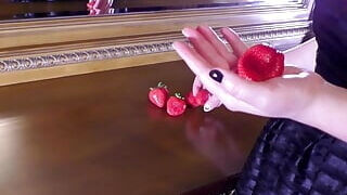 Succulent strawberry squashed macro shot by lovely nude soles on the dresser