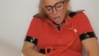 Crazy brit red-haired nurse splooging with monster manstick