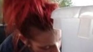 Smallish red-haired deepthroats bwc in public with people all around