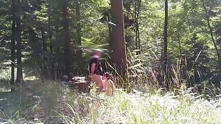 Exhibitionist wifey swallowing urinate and taking facial cumshot in woods